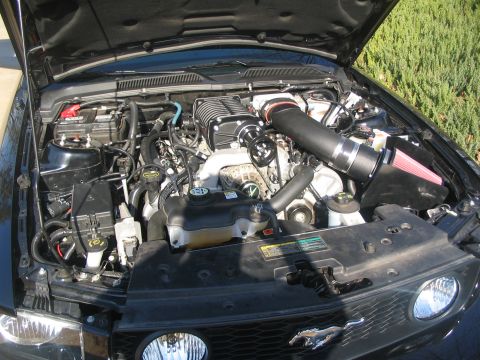 2007 Ford Mustang - The engine bay of a black Ford Mustang, modified with a supercharger and custom intake system.