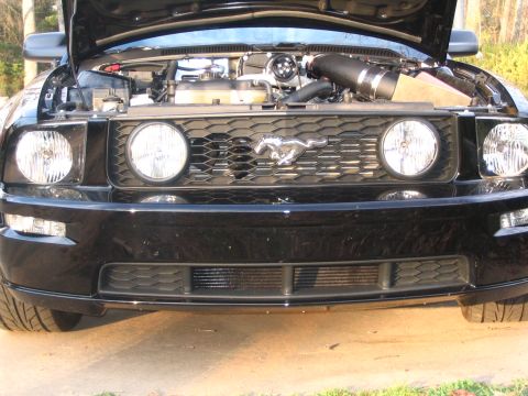 2007 Ford Mustang - Front view of a black Ford Mustang, revealing its engine and distinctive grille with a running horse emblem.