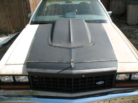 1985 Ford LTD Crown Victoria - The front of a 1985 Ford Crown Victoria LTD shows a black hood scoop and a black grille with a Ford emblem.