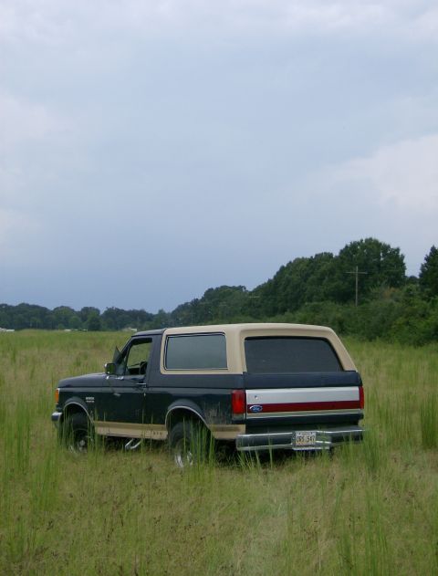 1990 Ford Bronco - A 1990 Ford Bronco sits in a grassy field under a cloudy sky.