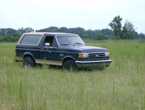 1990 Ford Bronco - A dark blue 1990 Ford Bronco with tan trim is parked in a field of tall grass under an overcast sky.