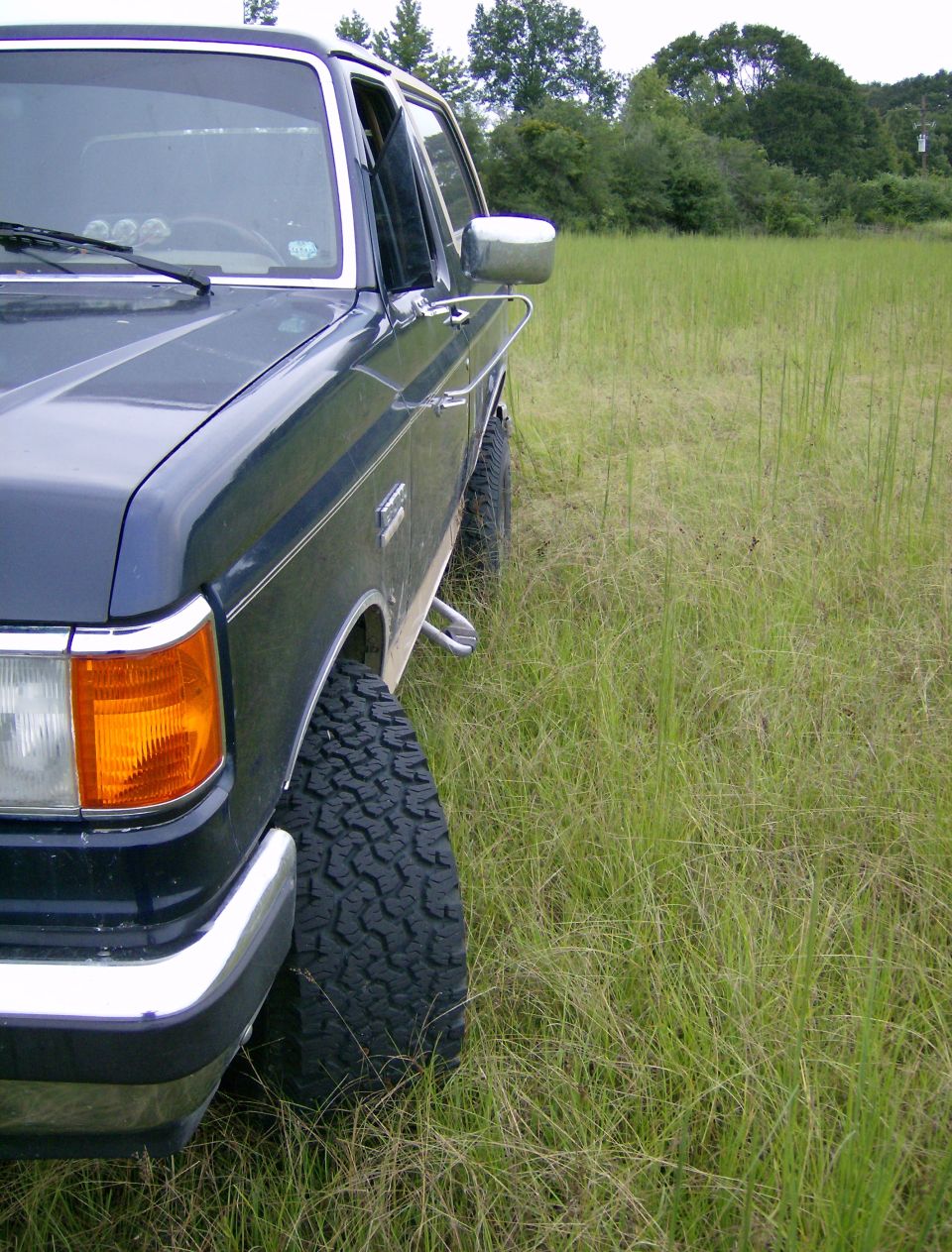 Dark blue Ford Bronco parked in a grassy field, side view showing front fender and tire