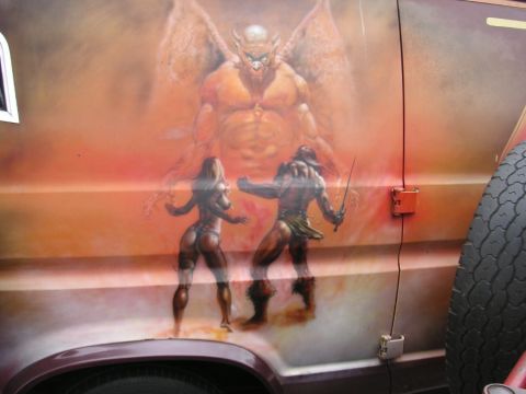 1979 Ford F-250 - Van side features an airbrushed fantasy mural with a demon, warrior, and woman.