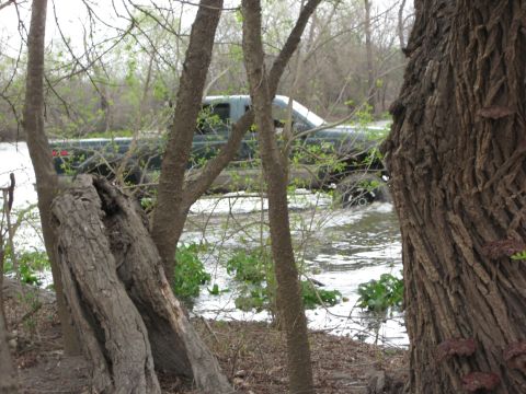 1996 Ford Bronco - A truck navigates through a flooded landscape, partially obscured by trees and foliage.