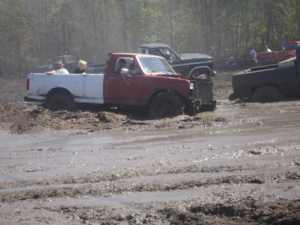 Several trucks stuck in deep mud, some with people in them