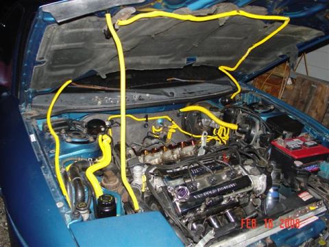 1993 Ford Probe - Engine bay of a blue car with yellow hoses and a V6 DOHC engine cover is visible.