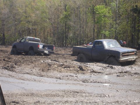1989 Ford Bronco - Two pickup trucks are deeply stuck in a muddy, wooded area.