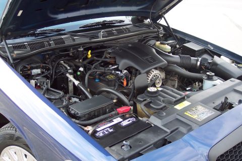 2001 Ford Crown Victoria - The engine bay of a blue 2001 Ford Crown Victoria is visible with the hood raised.