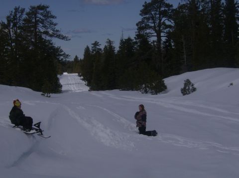 1986 Ford Bronco - A snowy scene with two people enjoying the winter weather, one on a sled, with a Supermotors watermark visible.