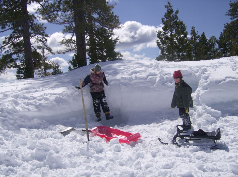 Two children in a snowy landscape with sleds and a shovel