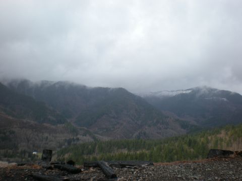 1993 Ford Bronco - A wide view of misty mountains under a cloudy sky, with charred logs in the foreground.
