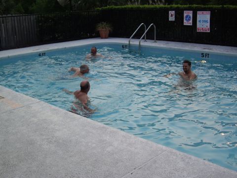2005 BMW R1200CA ABS - A group of men enjoy a swim in a residential pool on a sunny day.