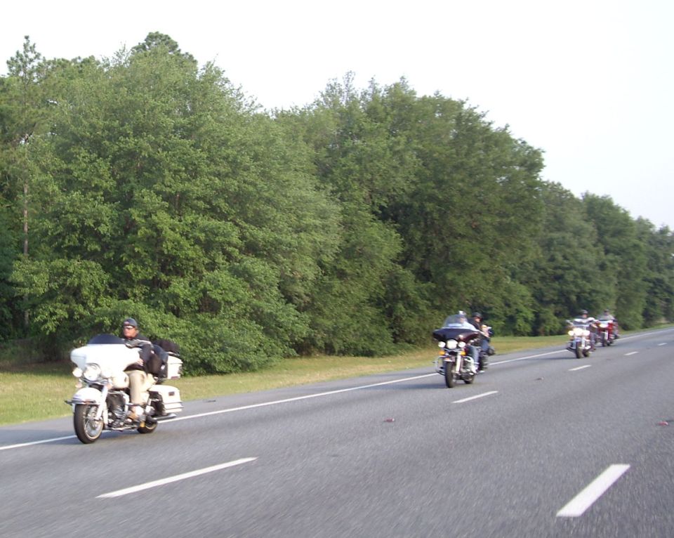 Group of four touring motorcycles riding a tree-lined highway, led by a white full-dress bike