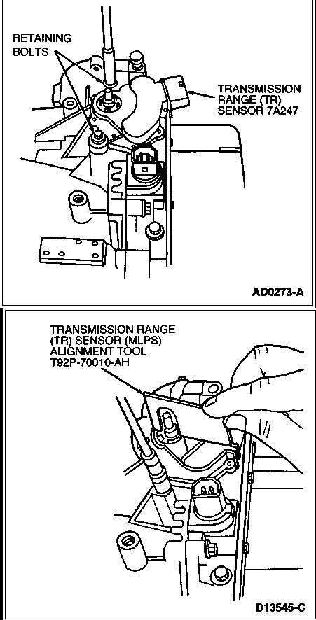 1997 Ford Taurus - Service illustration showing transmission range (TR) sensor removal with retaining bolts and the MLPS alignment tool.
