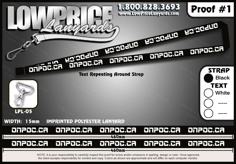 Black lanyard with white repeating text 'ONPOC.CA' and a metal clip