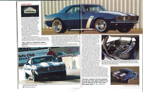 2005 Ford Mustang - A blue 1967 Chevrolet Camaro with white stripes is shown at a drag strip, with another Camaro in the background.