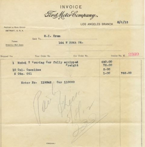 1973 Ford Ranchero - Invoice details a Ford Model T Touring Car purchase from the Ford Motor Company Los Angeles Branch on May 8, 1912.