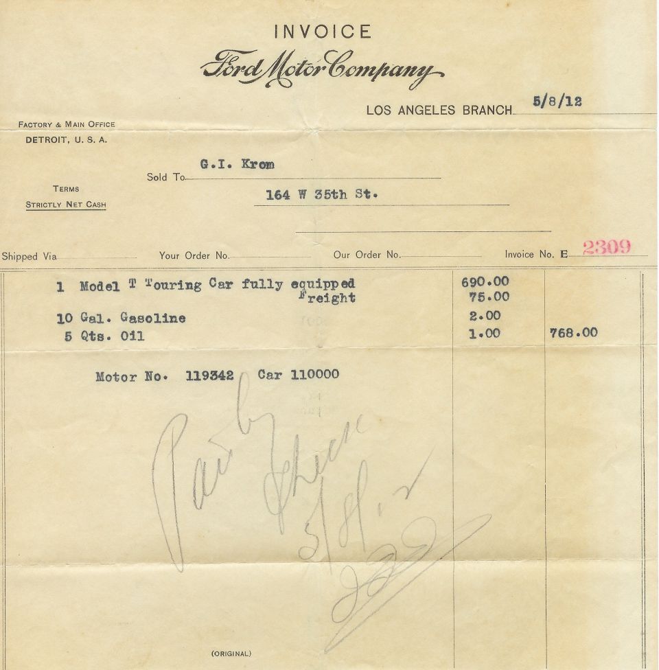 Invoice from Ford Motor Company for a Model T Touring Car, dated 5/8/12