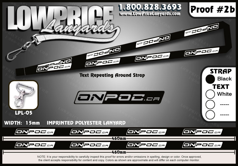 Black lanyard with white text 'ONPOC.CA' repeating. Also shows a metal clip and text about Low Price Lanyards
