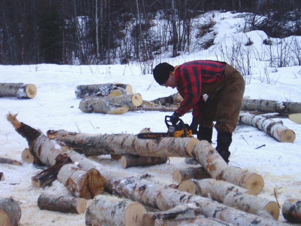 Guy in flannel shirt and overalls cutting logs with a chainsaw in the snow