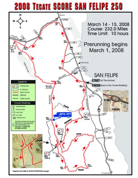 1968 Ford Mustang - Event route map for the 2008 San Felipe 250 off-road race showing the 232-mile course, checkpoints, and a legend.