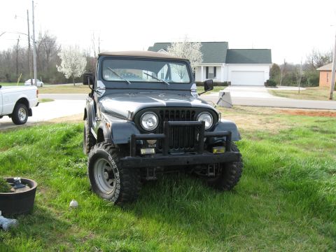 1988 Ford Bronco - A dark green Jeep CJ-5 is parked on a grassy lawn in front of a suburban house, with a white pickup truck visible to its left.