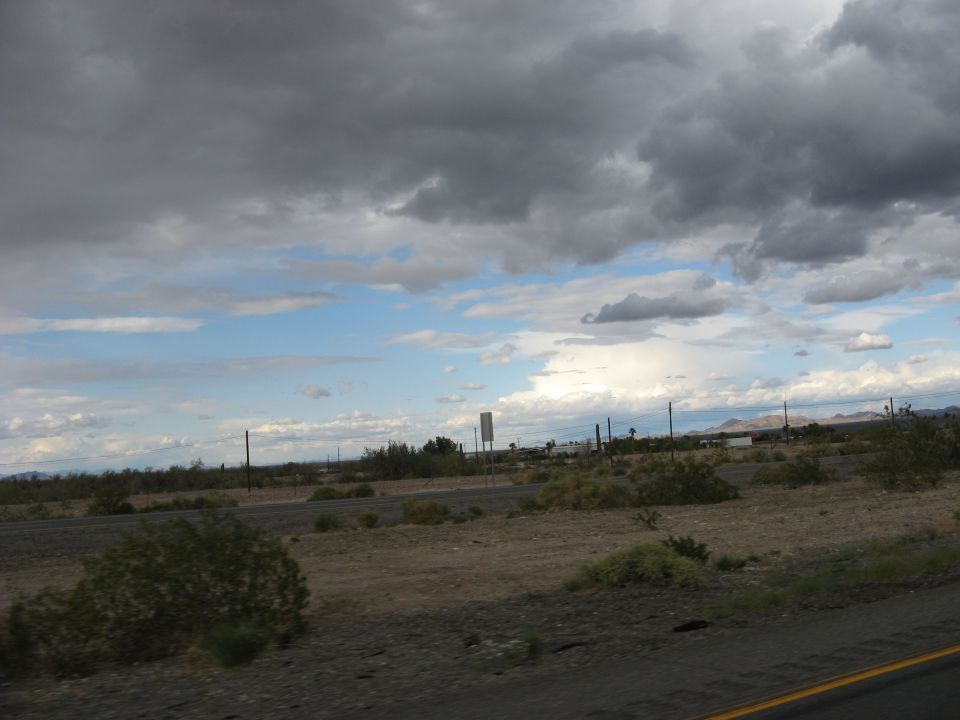 Desert landscape with stormy clouds and sparse vegetation
