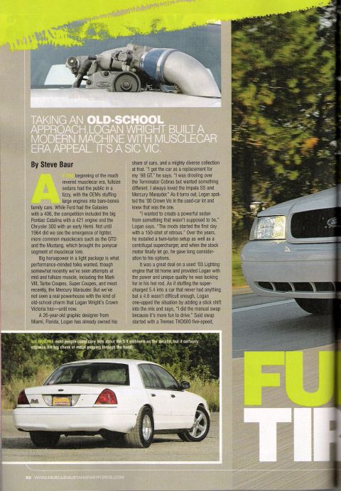 1998 Ford Crown Victoria - printed magazine feature page titled about an old-school build, showing a supercharger inset and a white four-door sedan.