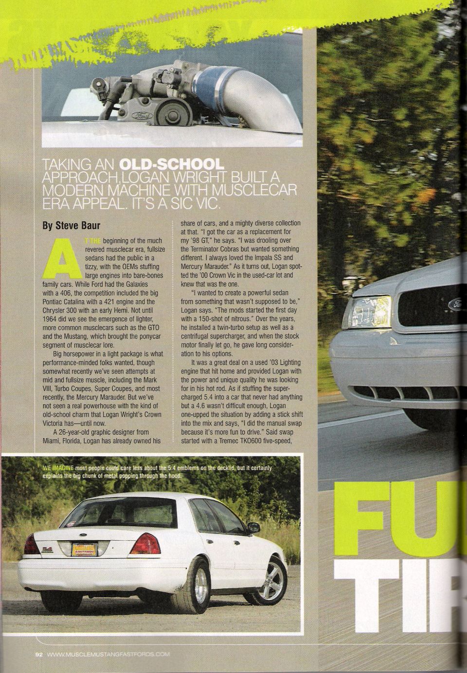 Magazine page about an old-school built sedan, with white sedan photo