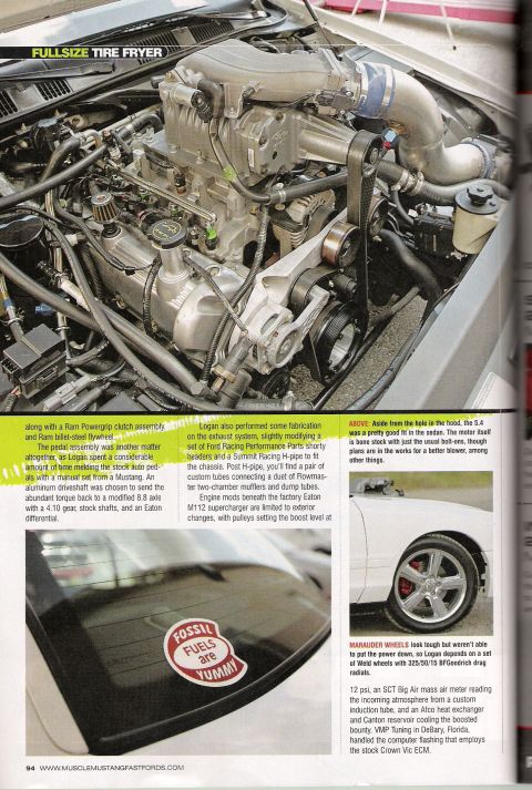 1998 Ford Crown Victoria - magazine article page picturing a supercharged engine bay with a 'Fossil Fuels Are Yummy' decal inset and body close-up.