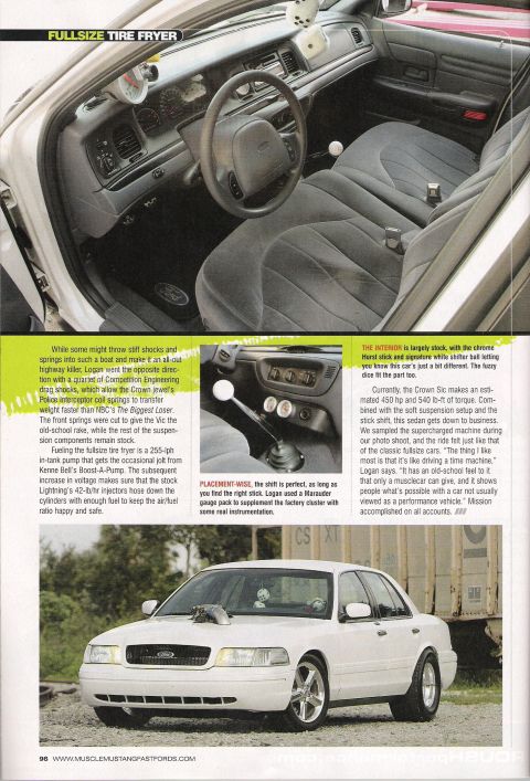 1998 Ford Crown Victoria - magazine page showing a cloth-seat sedan interior with a console shifter, plus a white four-door sedan parked outdoors.