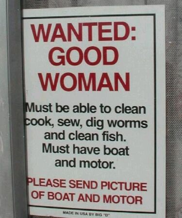 1980 Ford Bronco - This wanted poster lists requirements for a good woman, including domestic skills and owning a boat and motor.
