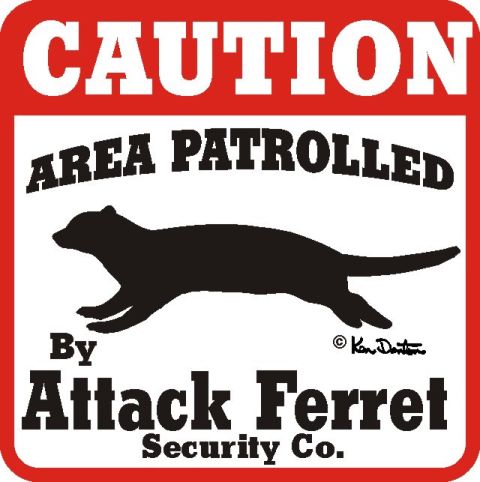 1980 Ford Bronco - Signage indicating an area is patrolled by 'Attack Ferret Security Co.' with a silhouette of a ferret.