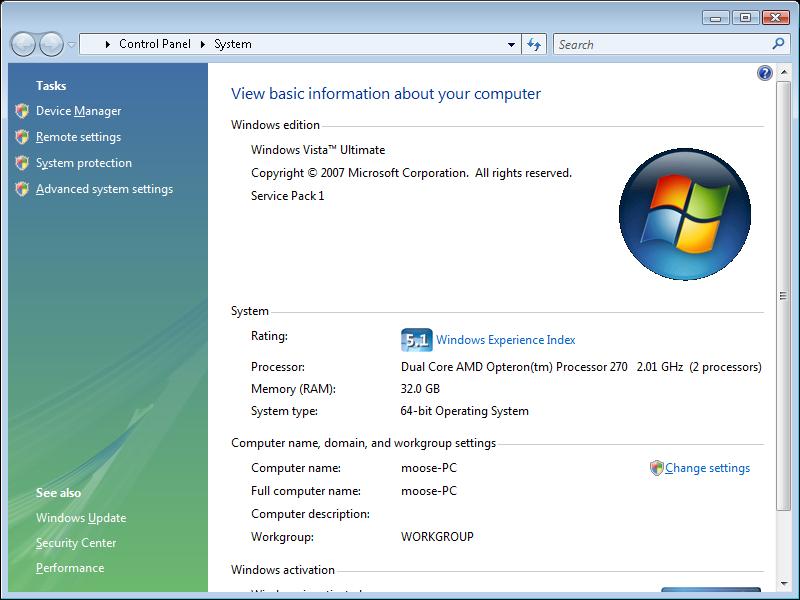 Windows Vista system information screen showing processor and RAM details