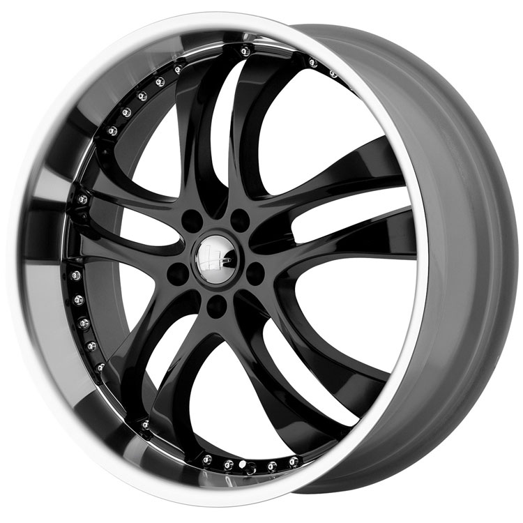 Black five-spoke aftermarket wheel with polished lip