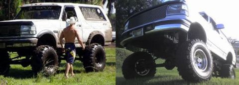 1995 Ford Bronco - Two lifted Ford Broncos are shown in this split image, one white and one silver.
