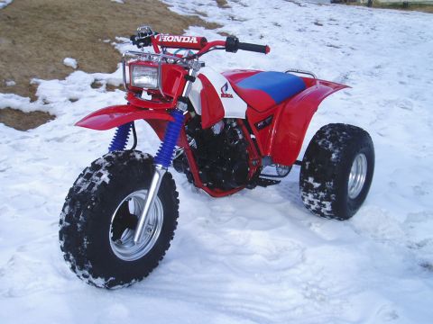 2000 Ford E350 - A red and white Honda three-wheeler sits in a snowy landscape, with the 'Honda' logo visible on the handlebars.