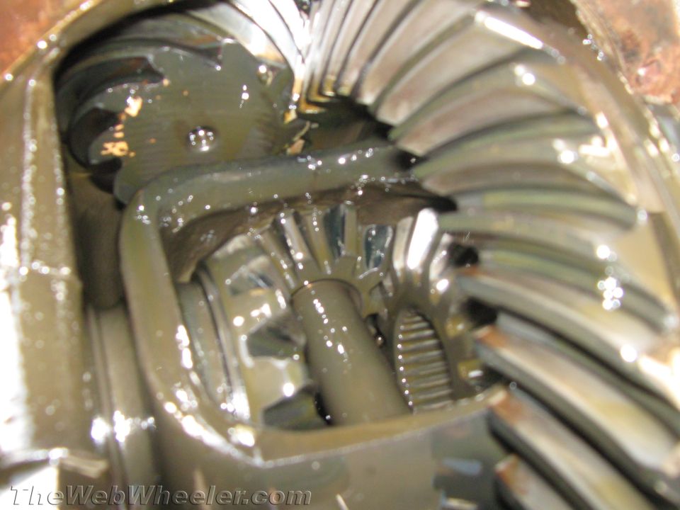 Differential gears covered in dark grease, close-up view