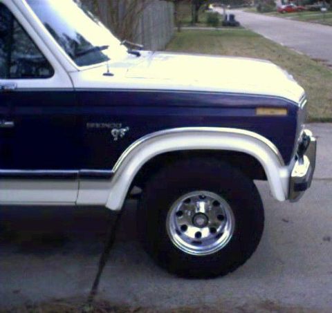 1981 Ford Bronco - The front fender and wheel of a two-tone Ford Bronco are visible in this side profile shot.