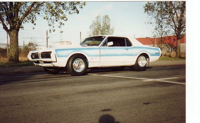 1968 Mercury Cougar drag car, white with blue stripe, hood scoop, drag slicks