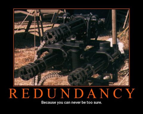 1996 Ford Bronco - A minigun is shown with the text 'REDUNDANCY' and 'Because you can never be too sure.'