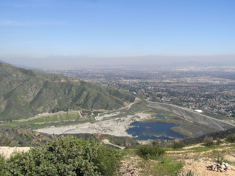 at top, looking East toward Upland and Rancho Cucamonga. The resevior is at the bottom, as well as the road going up to Mt. Baldy