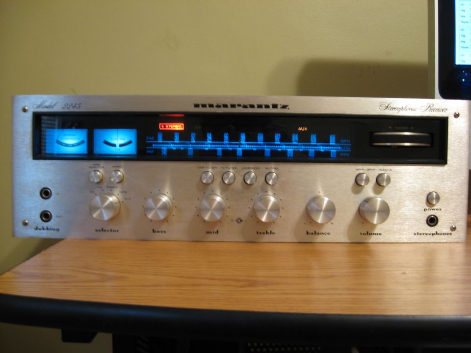 Marantz 2245 stereo receiver with blue tuning dial and VU meters