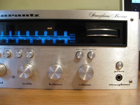 1990 Ford F-250 - Close-up of a Marantz stereophonic receiver's front panel, showing controls and a blue frequency display.