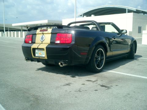 2007 Ford Mustang - Rear view of a black 2007 Ford Mustang convertible gold racing stripes and a spoiler.