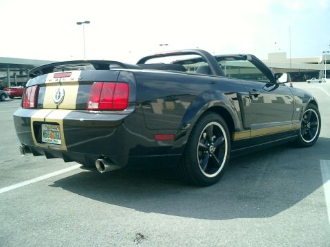2007 Ford Mustang - A black convertible Ford Mustang with gold racing stripes is parked in a lot, viewed from the rear.