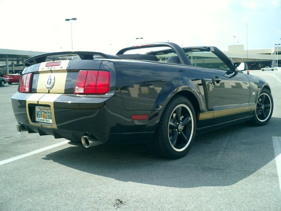 Black convertible Ford Mustang with gold stripes, rear view, showing spoiler and license plate