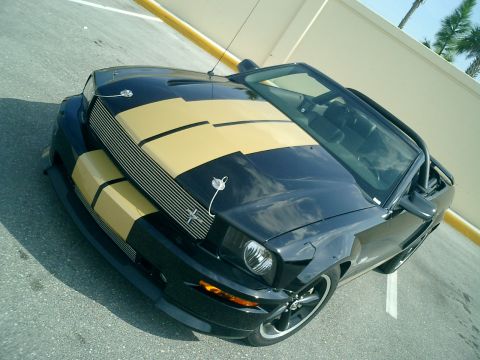 2007 Ford Mustang - A black convertible with gold racing stripes is parked in a lot, showing its front end and side profile.
