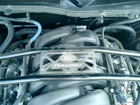2007 Ford Mustang - Close-up of an engine bay, showing a Ford Racing plate over the intake manifold.