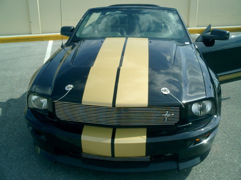 2007 Ford Mustang - A black Ford Mustang convertible with gold racing stripes is parked outdoors, showing its front grille and headlights.